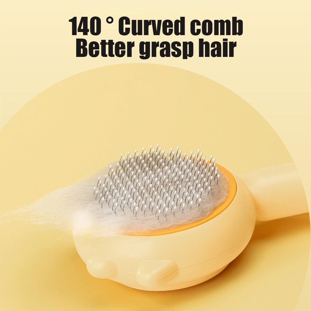 Pet grooming brush Stevvex with 140° curved metal-pin comb, yellow plastic handle on Tampa Home & Garden Store