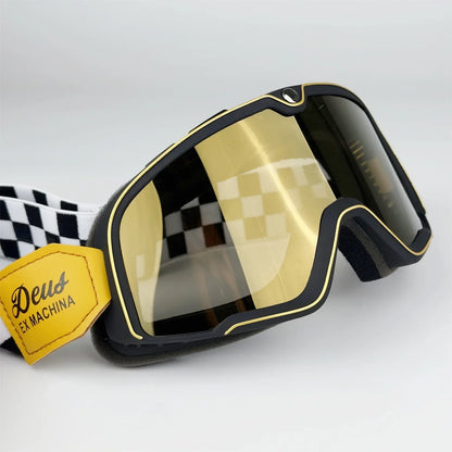 Retro Goggles Motocross by BikerZoneZ with black frame yellow lens gold trim checkered strap on Tampa Home & Garden Store