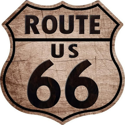 Route 66 shield tin sign with US 66 on wood grain backdrop on Tampa Home & Garden Store
