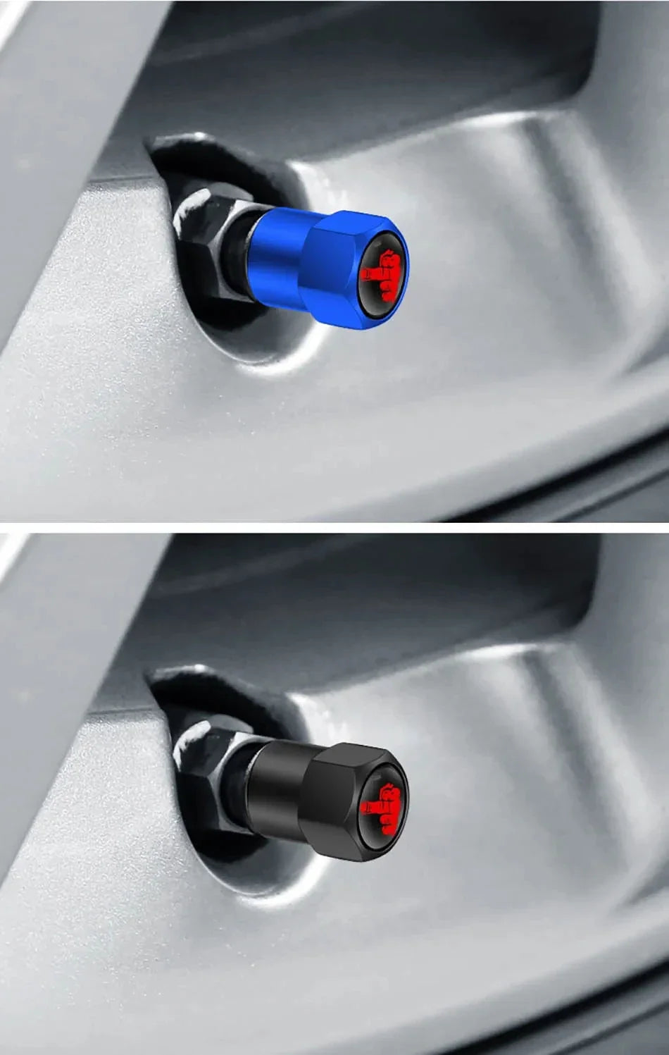 Aluminium valve stem caps 4 pcs by BikerZoneZ, blue anodized with red logo for tire valves on Tampa Home & Garden Store