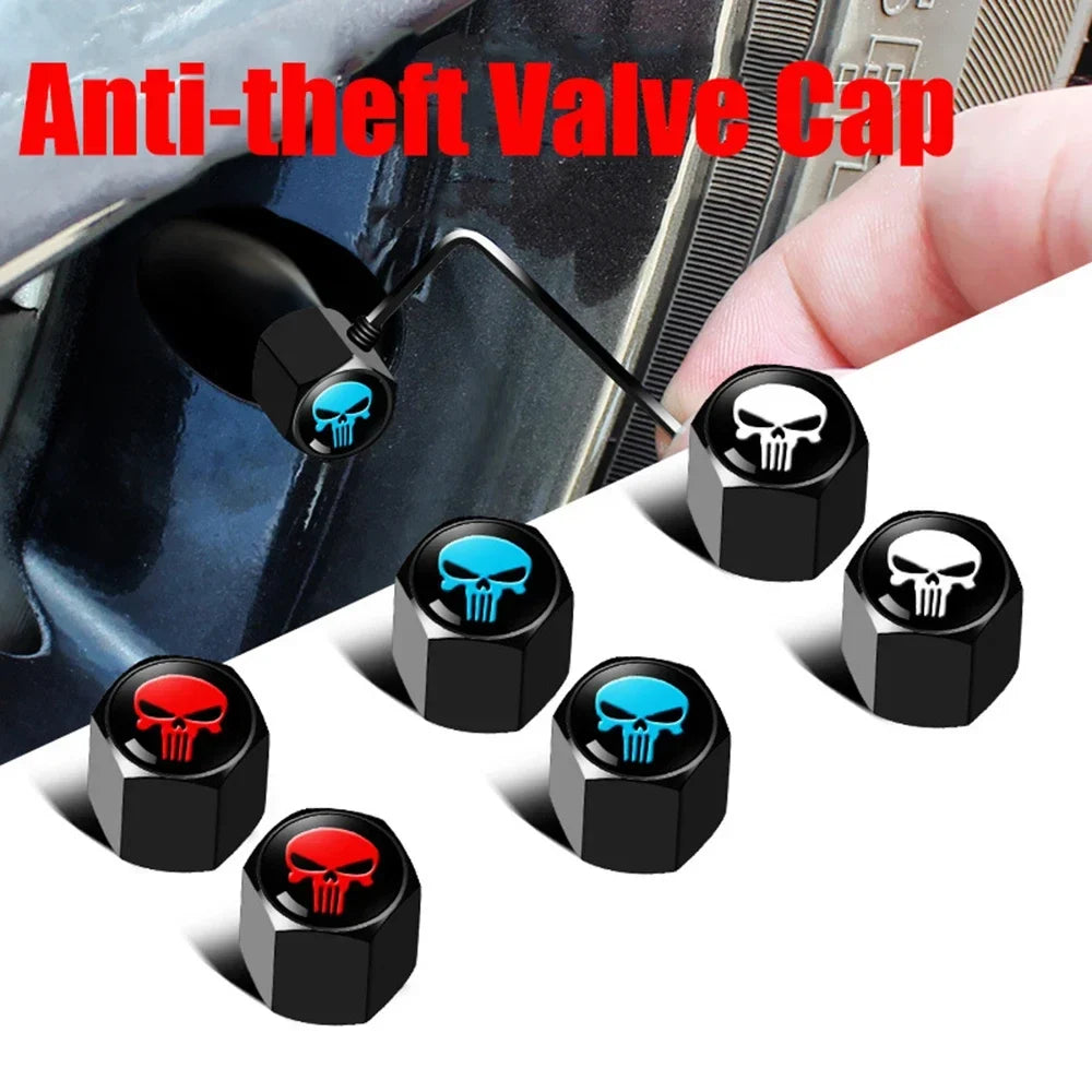 Anti-Theft Skull Valve Caps six-piece set by BikerZoneZ, black hex caps with blue red white skulls on Tampa Home & Garden Store