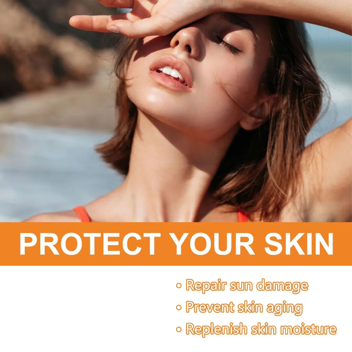 Facial Body Sunscreen SPF100 Silcy Skin on a sunlit beach with model shielding eyes on Tampa Home & Garden Store