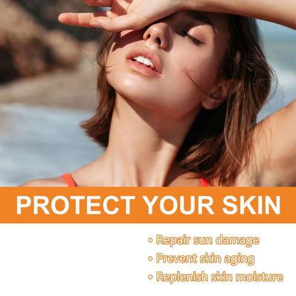Facial Body Sunscreen SPF100 Silcy Skin on a sunlit beach with model shielding eyes on Tampa Home & Garden Store