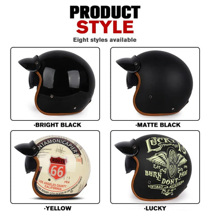 Vintage Open-Face Motorcycle Helmet set: bright black, matte black, yellow Route 66, lucky on Tampa Home & Garden Store