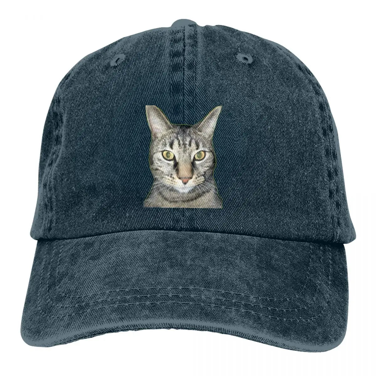 Tabby Cat Cap denim blue with cat face graphic by BikerZoneZ on Tampa Home & Garden Store