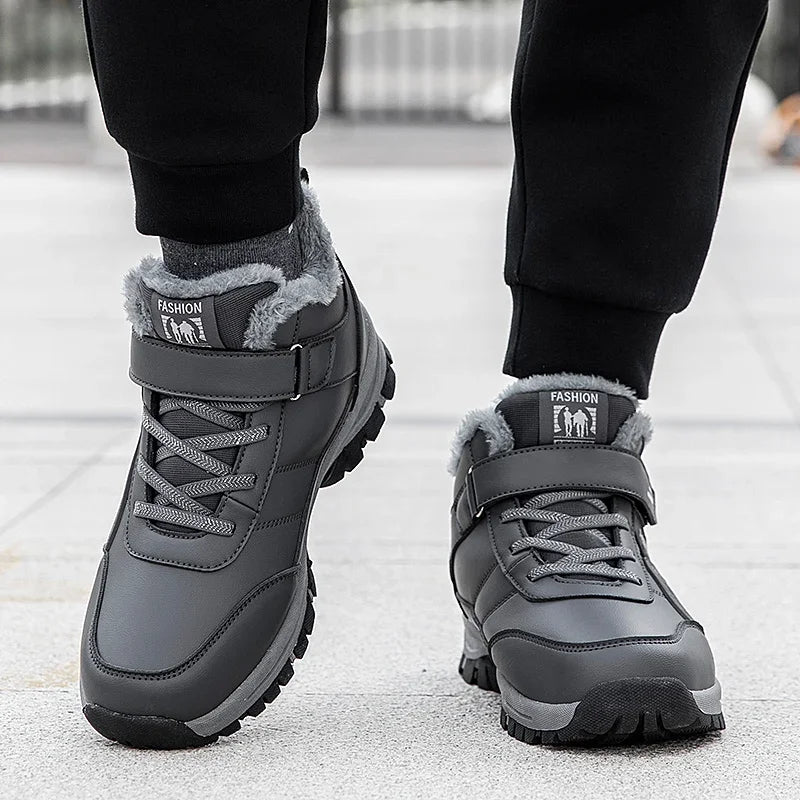 Mens Waterproof Winter Snow Boots by UpTrend Deals, gray fur lining, Velcro strap, 2 boots on Tampa Home & Garden Store