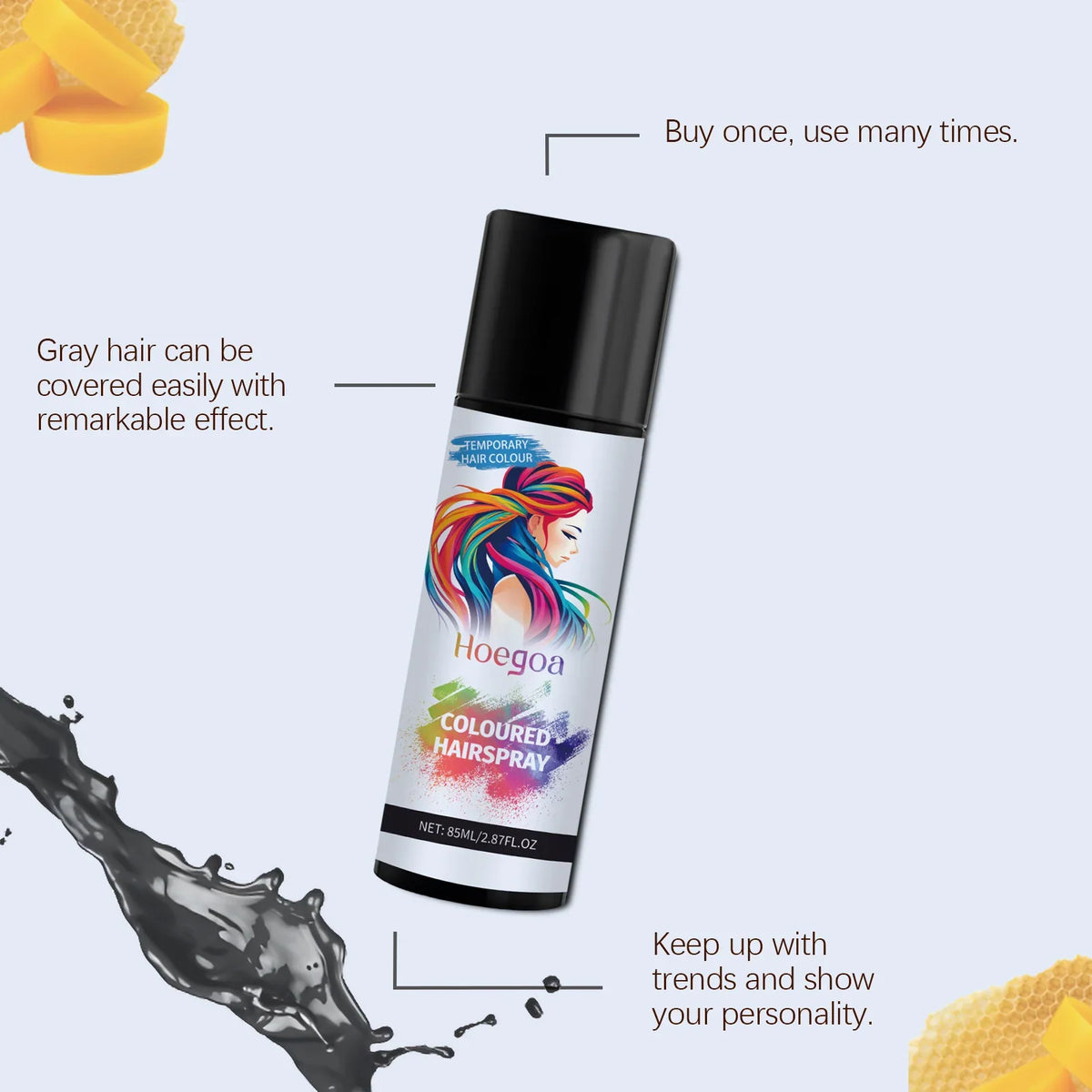 Temporary coloured hairspray bottle with rainbow hair artwork and black cap on Tampa Home & Garden Store