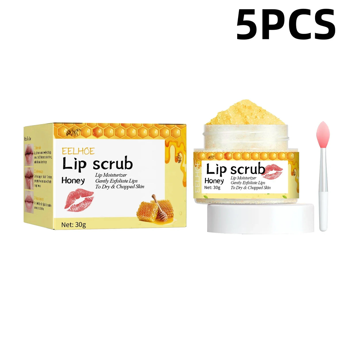 EELHOE Honey Lip Scrub set Silcy Skin, 5 pcs with honey-colored jar and box on Tampa Home & Garden Store