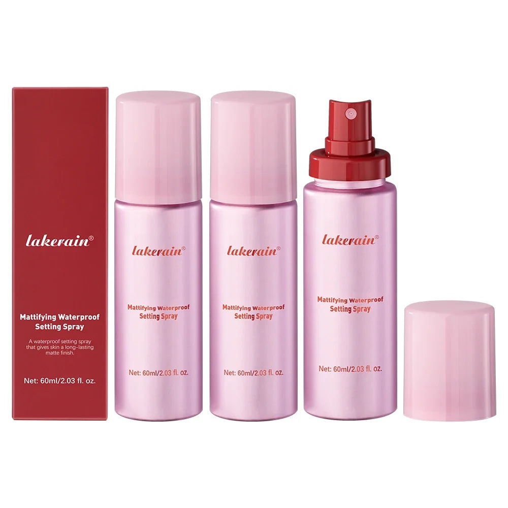 Lakerain mattifying waterproof setting spray set of 4 pink bottles with caps and a pump top on Tampa Home & Garden Store