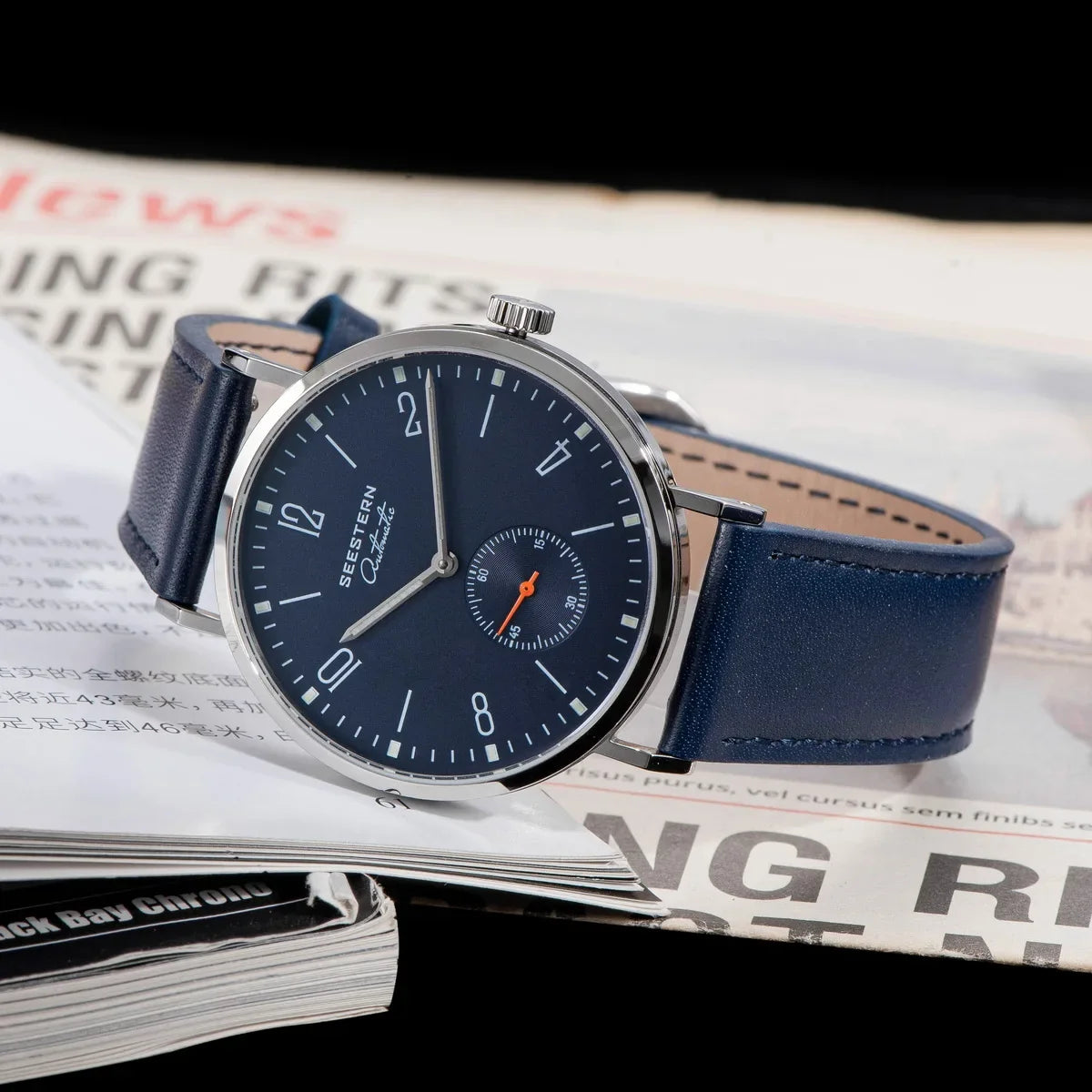 Men's Ultra-Thin Automatic Dress Watch UpTrend navy dial, stainless steel case, blue leather strap on Tampa Home & Garden Store