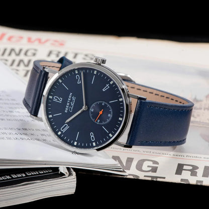 Men's Ultra-Thin Automatic Dress Watch UpTrend navy dial, stainless steel case, blue leather strap on Tampa Home & Garden Store