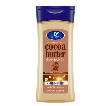 Dr. Davey Cocoa Butter Glow Body Oil bottle with blue cap 200ml cocoa butter moisture for skin on Tampa Home & Garden Store