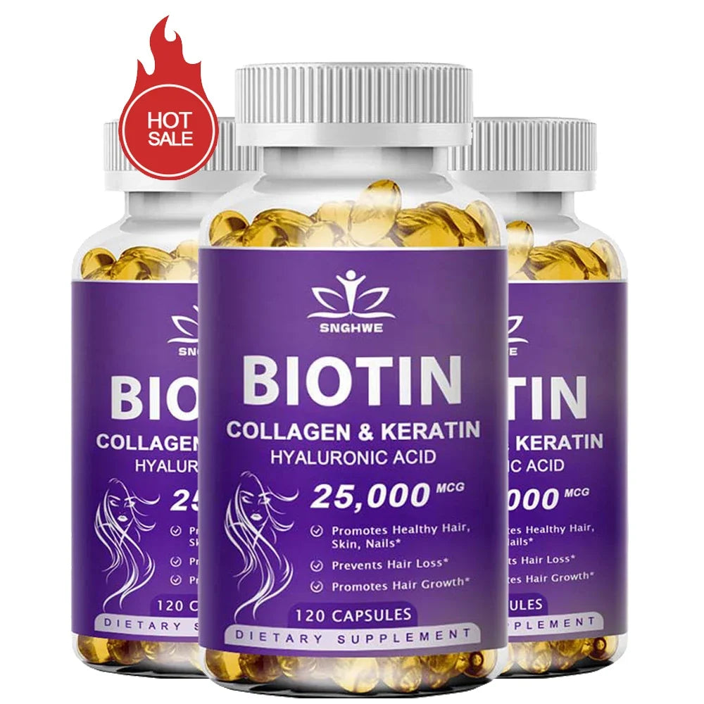 Three purple Biotin Collagen & Keratin dietary supplement, 25,000 mcg, 120 capsules on Tampa Home & Garden Store