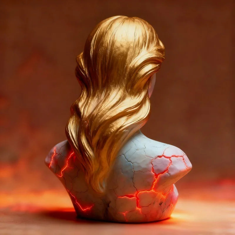 Blazing Maiden figurine Perfecsy, blue-gray cracked torso with red lava veins and gold hair on Tampa Home & Garden Store