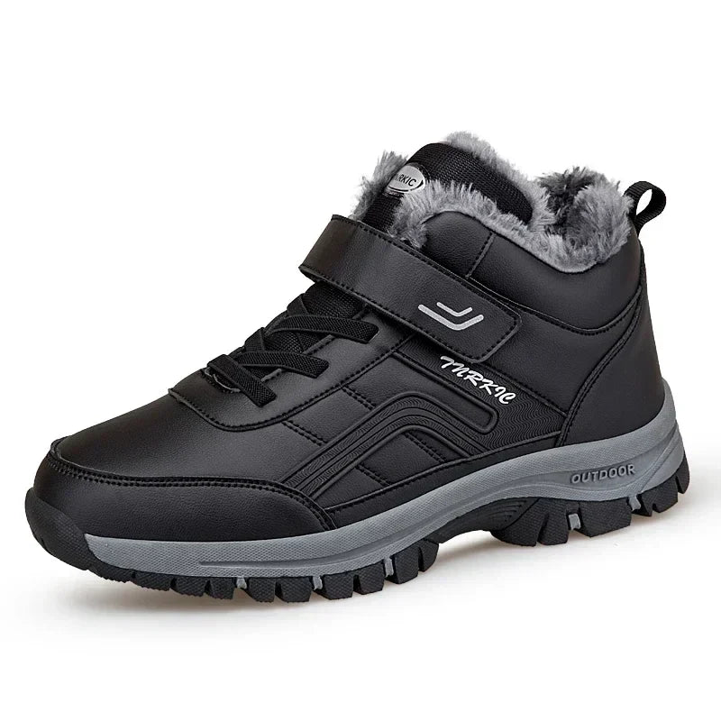 Mens waterproof winter snow boots by UpTrend Deals, black leather with grey fur and outsole on Tampa Home & Garden Store