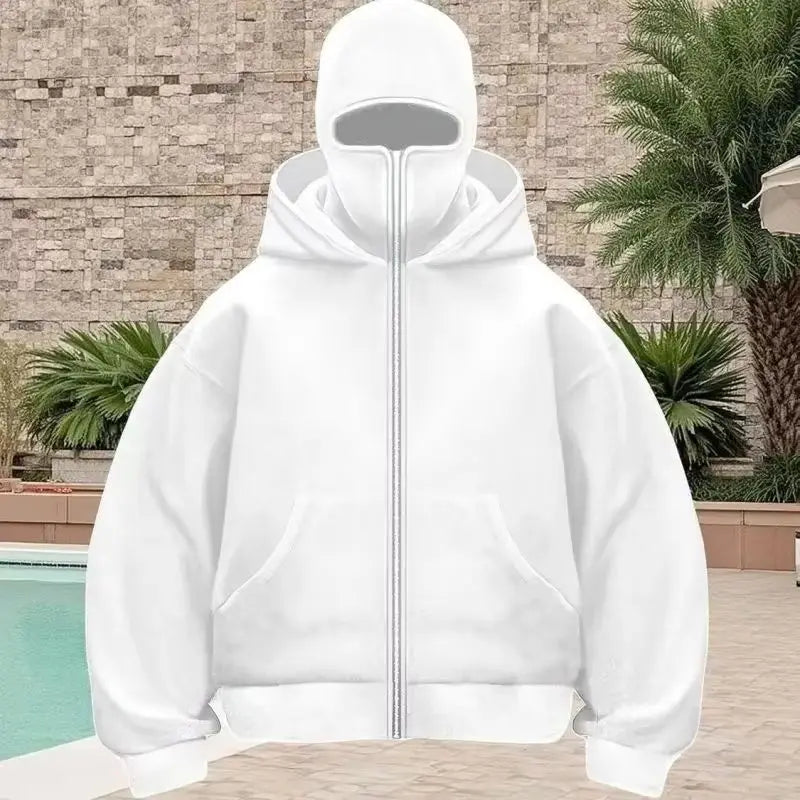 Men's white balaclava zip hoodie with built-in face mask, hooded winter jacket on Tampa Home & Garden Store