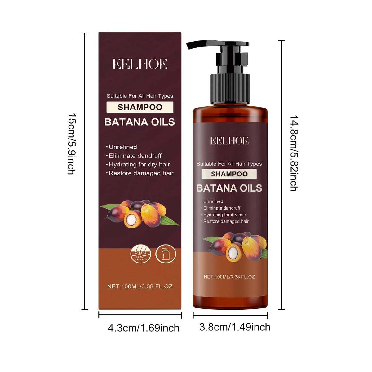 Batana Oils Shampoo bottle and box set, maroon labels, pump bottle, EELHOE branding on Tampa Home & Garden Store