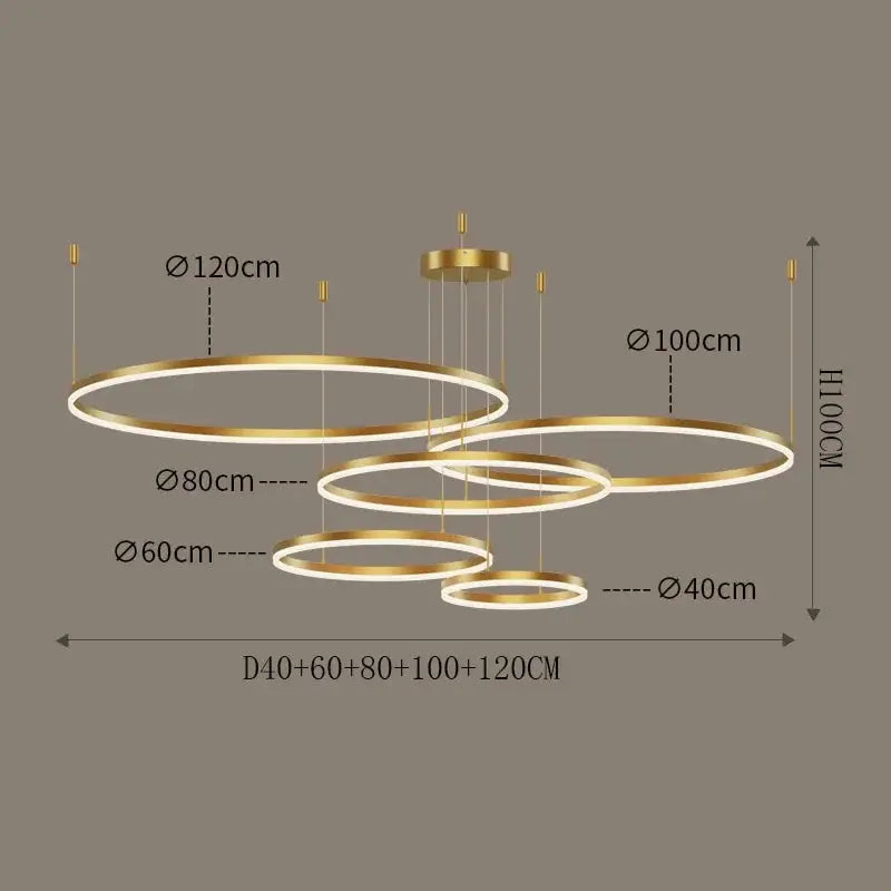 DecorBites LED pendant chandelier with gold rings design for stairs and living room, 40–120 cm on Tampa Home & Garden Store