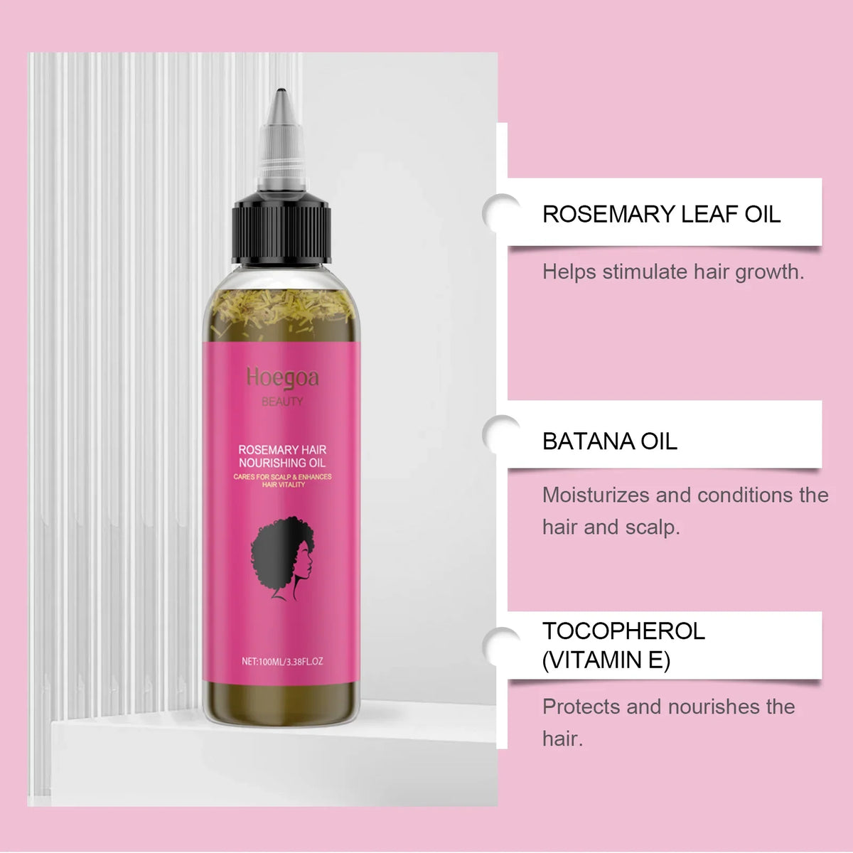 Rosemary hair oil bottle with pink label and dropper cap by Silcy Skin on Tampa Home & Garden Store
