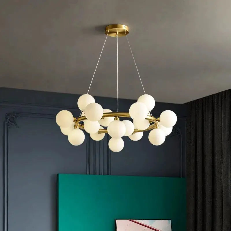 Decorbites LED pendant chandelier in gold with frosted globe bulbs, modern ring design on Tampa Home & Garden Store
