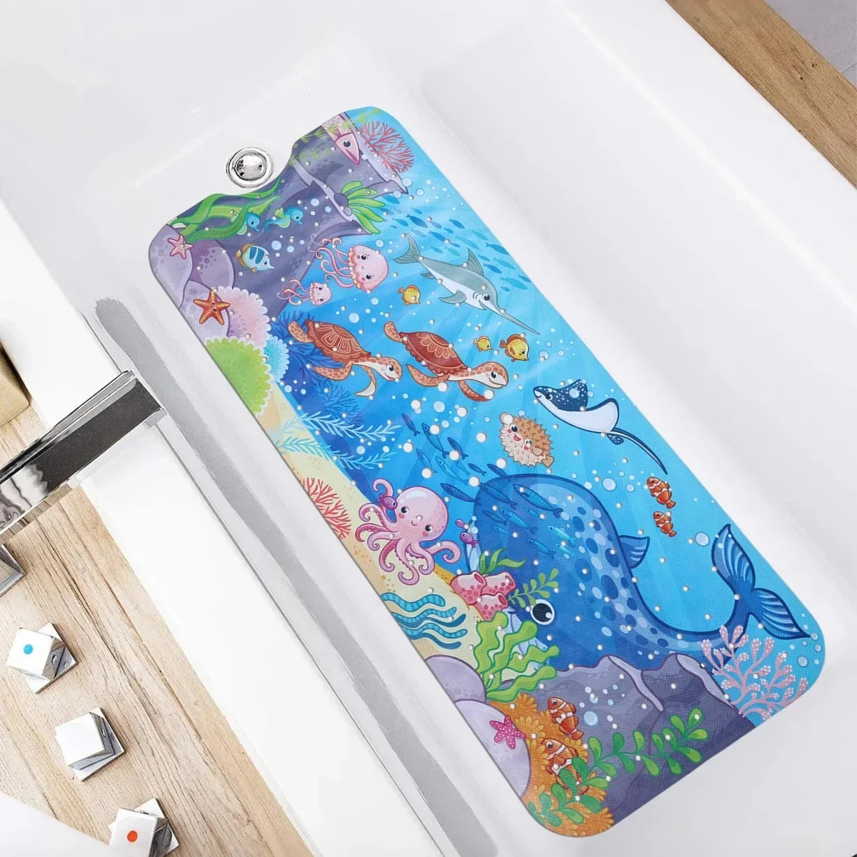 Cartoon bathtub mat 1pc Silcy Skin, 40x100cm blue sea life design, non-slip with suction cups on Tampa Home & Garden Store