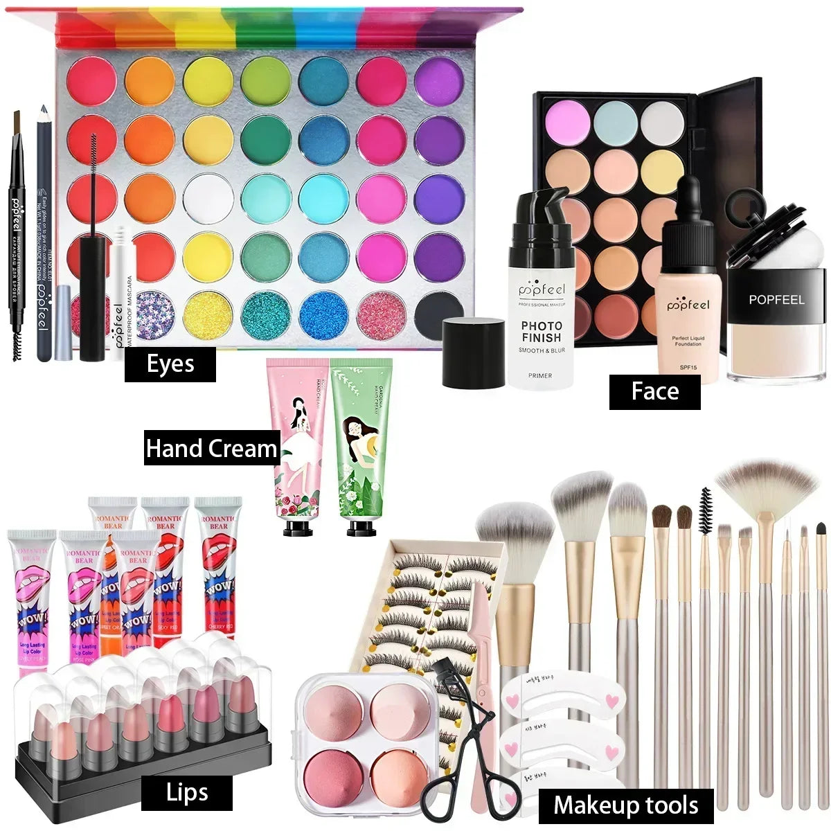 POPFEEL all-in-one makeup kit with eyeshadow palette, foundation, lip gloss, blush, and brushes on Tampa Home & Garden Store