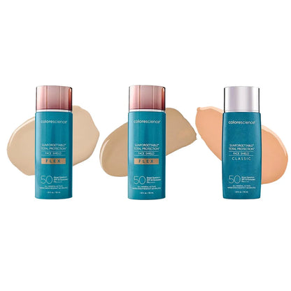 Colorescience SPF 50 tinted moisturizer self tanning lotion trio, turquoise bottles with caps on Tampa Home & Garden Store