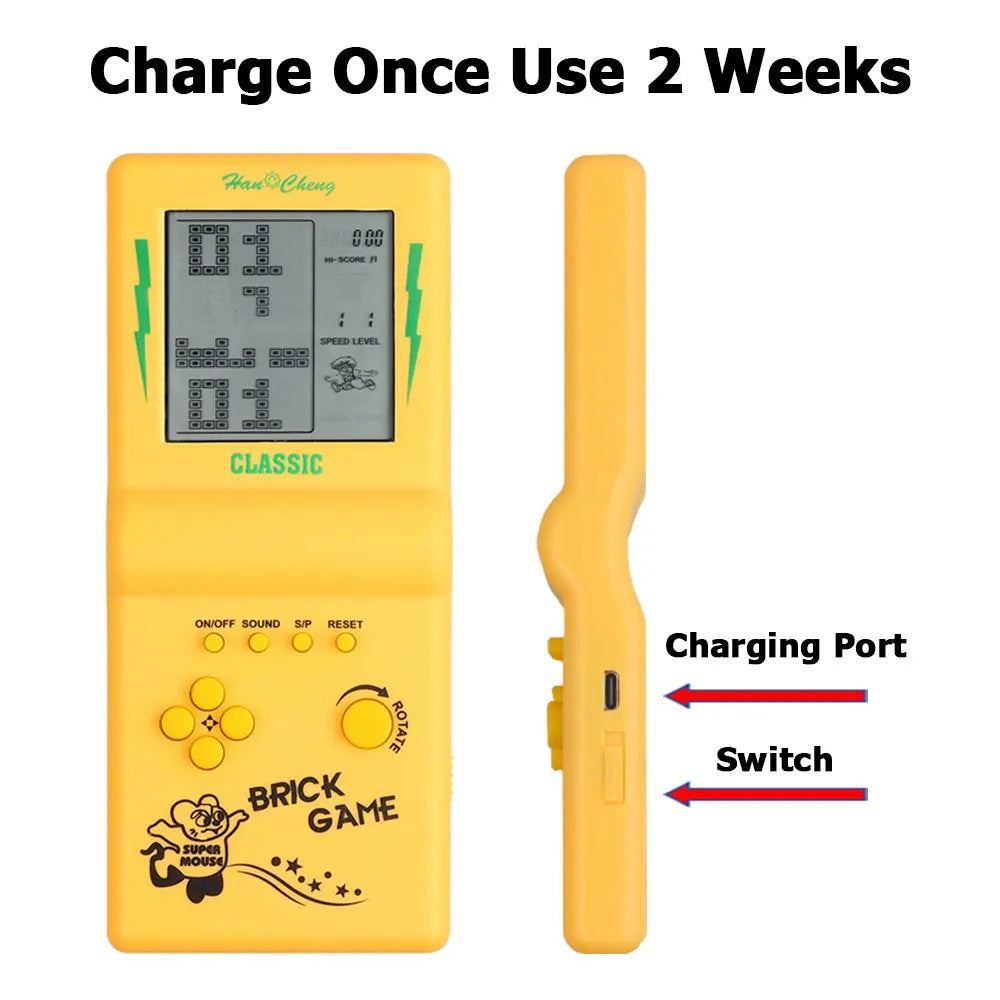 Yellow retro pocket game console with brick-game display, Tetris blocks, Type-C charging on Tampa Home & Garden Store