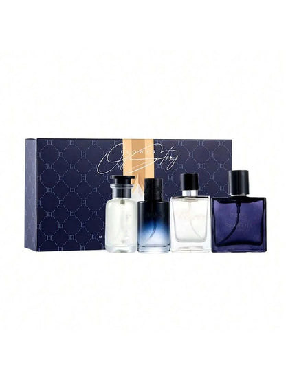 Silcy Skin 4-piece men perfume set with clear, blue gradient and dark blue bottles beside box on Tampa Home & Garden Store