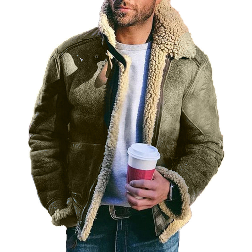 Mens Winter Jacket UpTrend Deals biker coat with stand collar olive faux suede shearling trim on Tampa Home & Garden Store