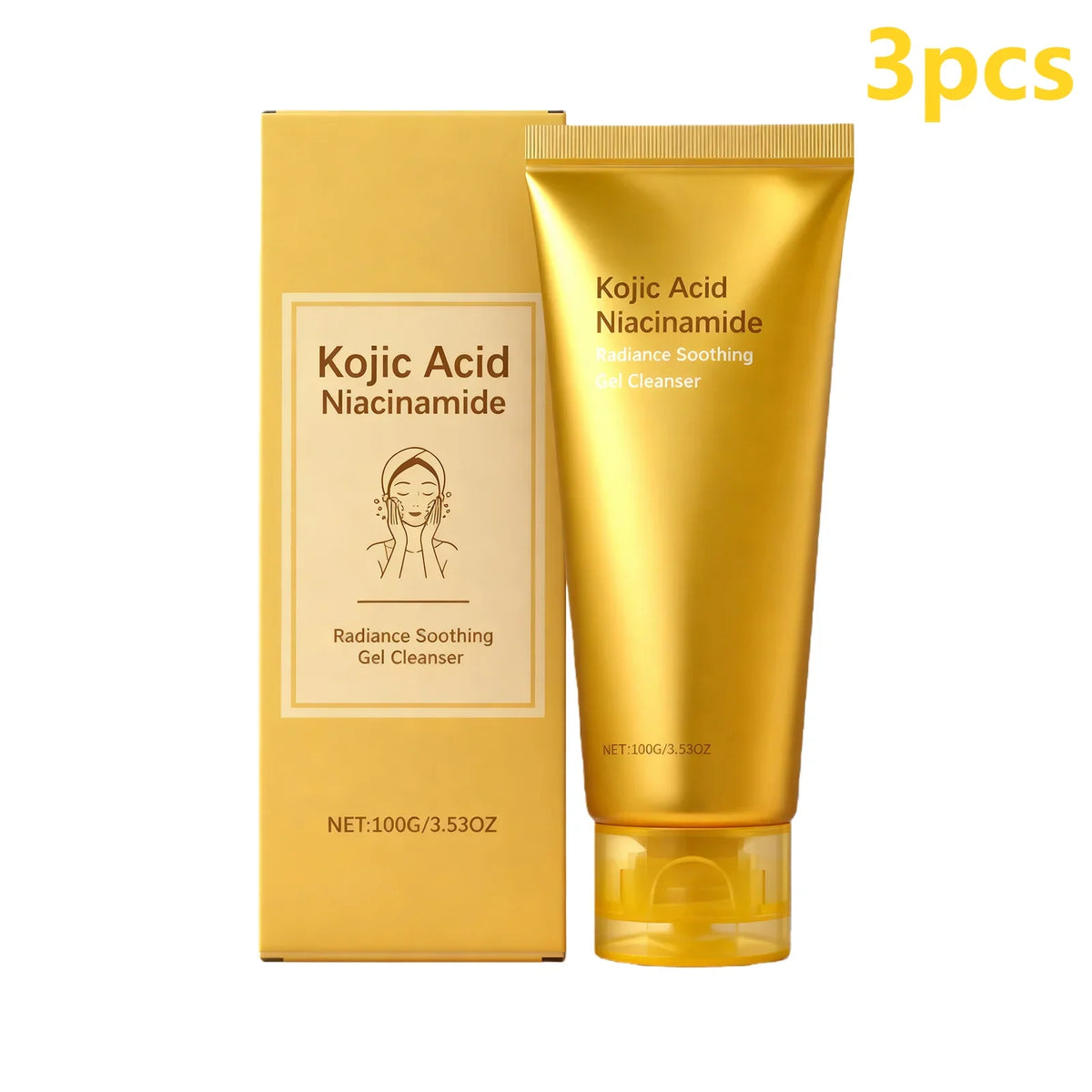 Kojic Acid Niacinamide Radiance Soothing Gel Cleanser set in gold tube and box, 3pcs Silcy Skin on Tampa Home & Garden Store