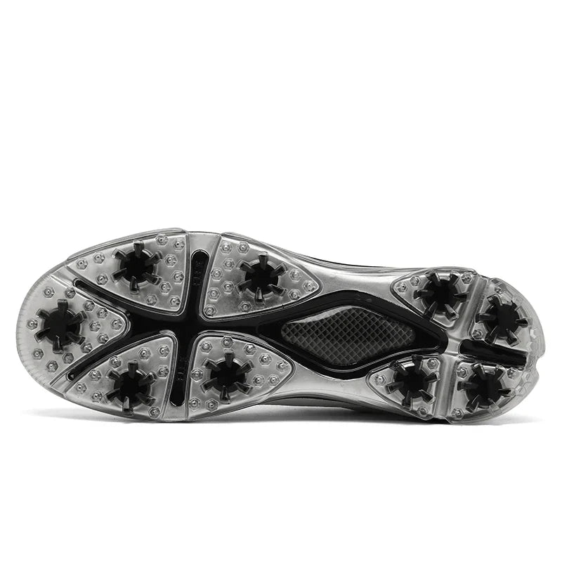 EstaliosFit men's golf shoes with silver waterproof outsole and studded cleats on Tampa Home & Garden Store