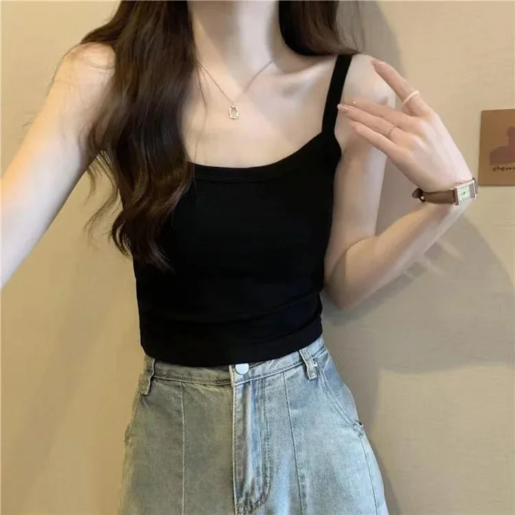 Women's black sleeveless crop top camisole with straps, paired with jeans UpTrend Deals on Tampa Home & Garden Store