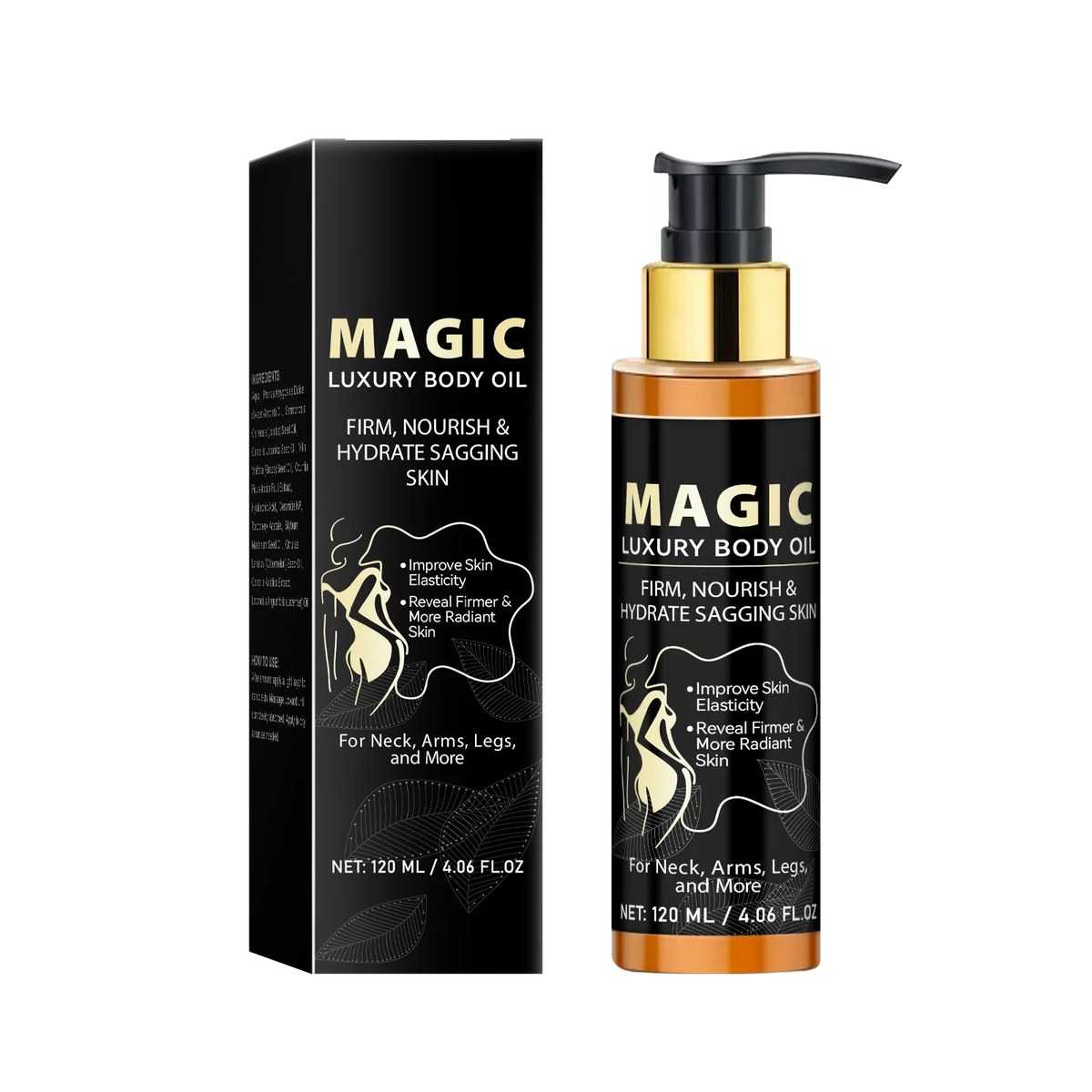 Magic Luxury Body Oil box and pump bottle with black labels and gold accents on Tampa Home & Garden Store