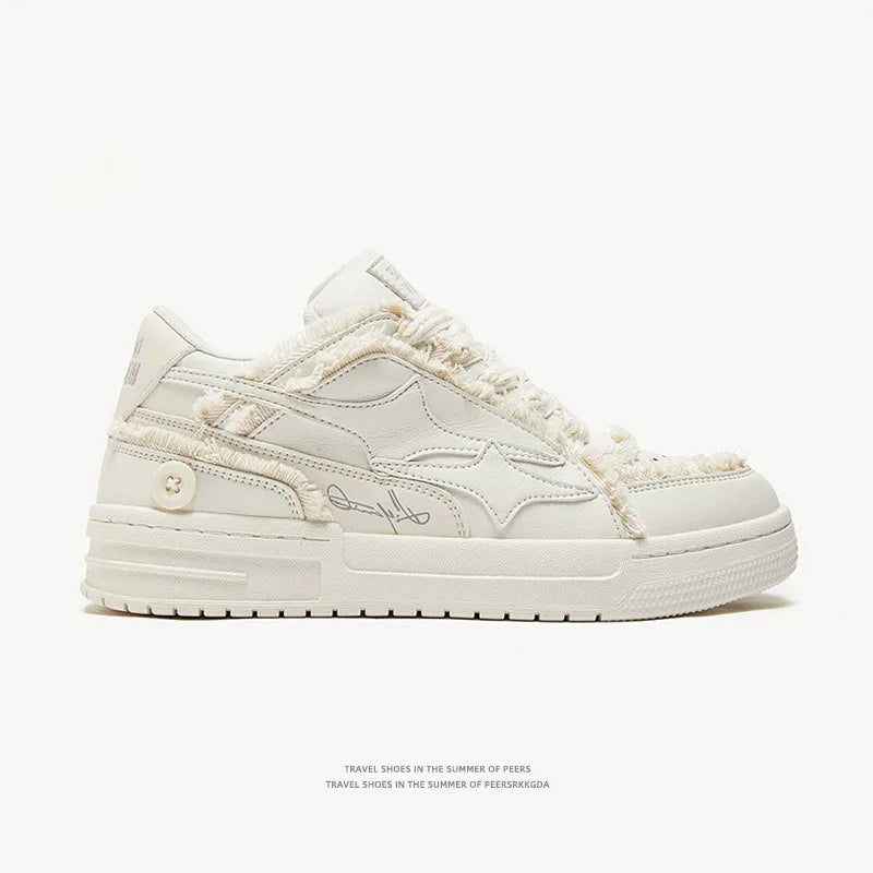 Tennis sneakers EstaliosFit retro cream leather with fringe star detail on side on Tampa Home & Garden Store