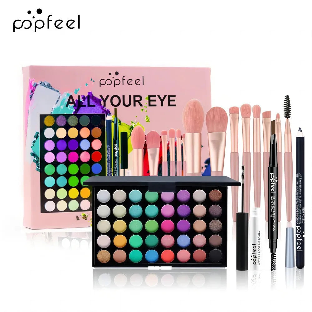 Popfeel all-in-one makeup kit with colorful eyeshadow palette and brushes in a pink box on Tampa Home & Garden Store