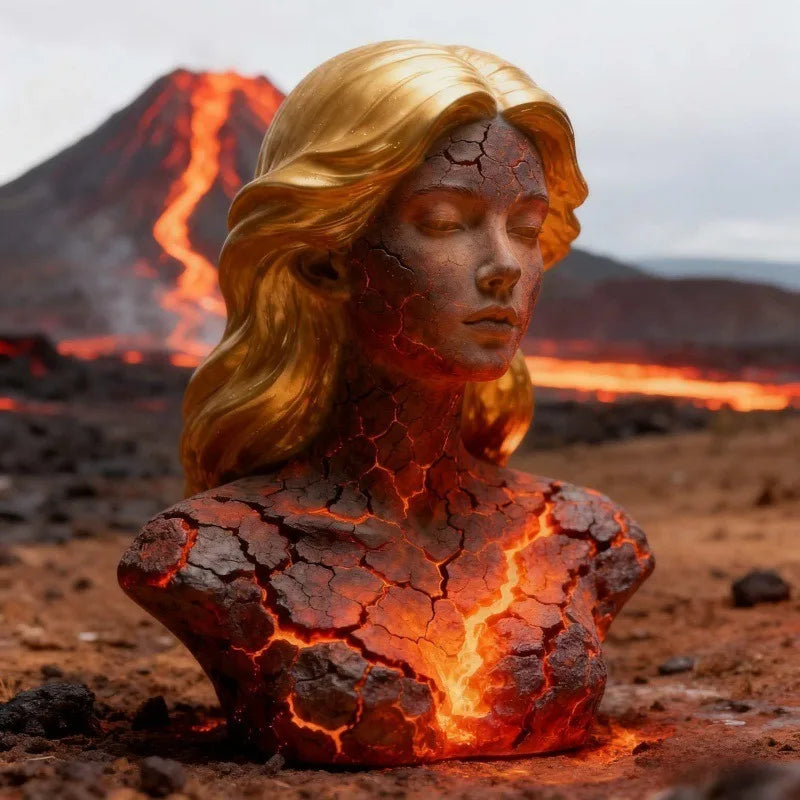 Blazing Maiden figurine bust by Perfecsy with lava-cracked red flames, gothic anime decor on Tampa Home & Garden Store