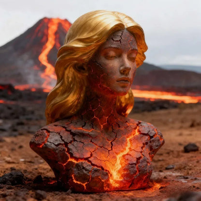 Blazing Maiden figurine bust by Perfecsy with lava-cracked red flames, gothic anime decor on Tampa Home & Garden Store