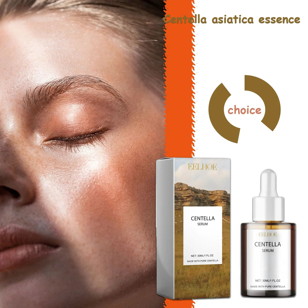 Centella Asiatica Skin Serum bottle with amber dropper beside a glowing skin closeup Silcy Skin on Tampa Home & Garden Store