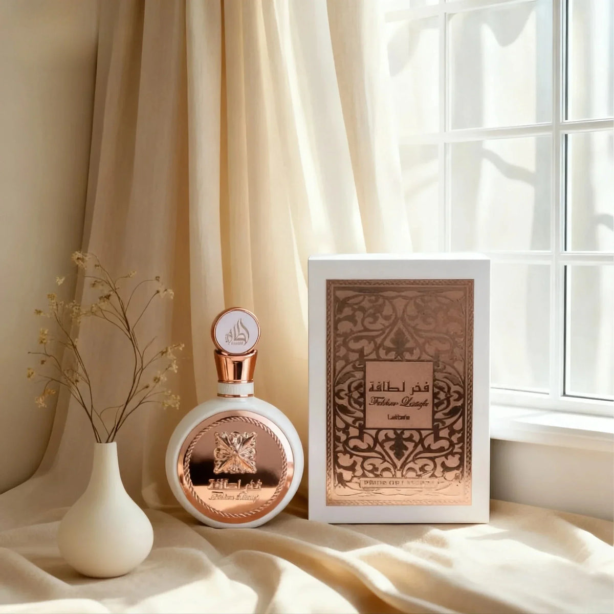 Silcy Skin 100ml luxury perfume bottle with rose-gold cap beside ornate patterned box on Tampa Home & Garden Store