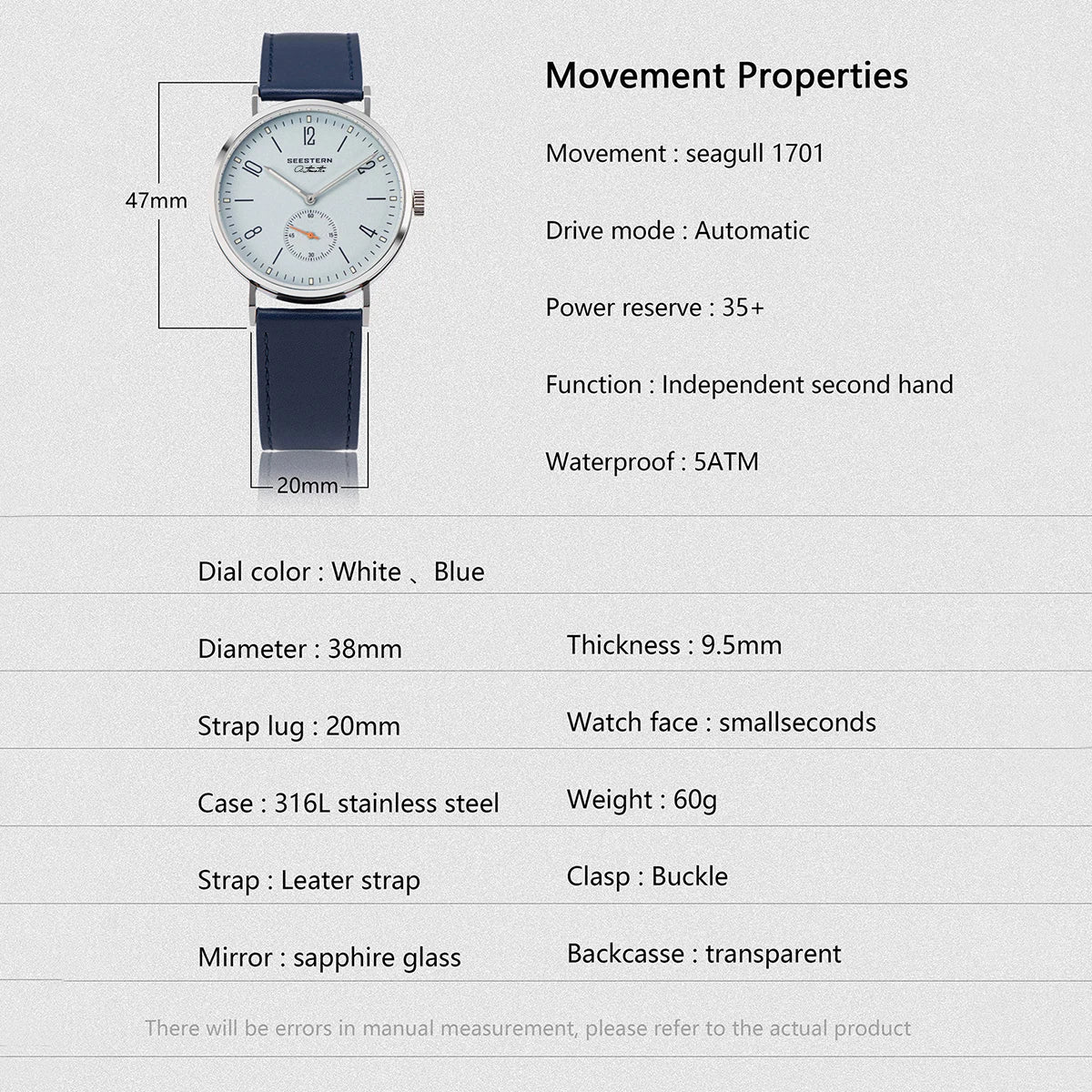 Men's ultra-thin automatic dress watch with white dial and blue leather strap on Tampa Home & Garden Store