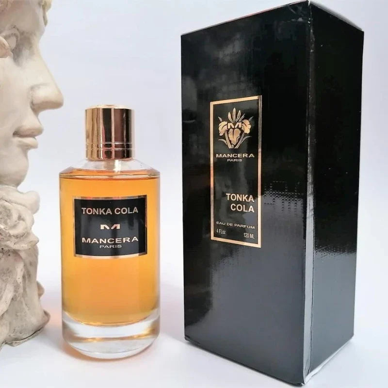 Mancera Tonka Cola perfume bottle and box, amber liquid, black label on Tampa Home & Garden Store
