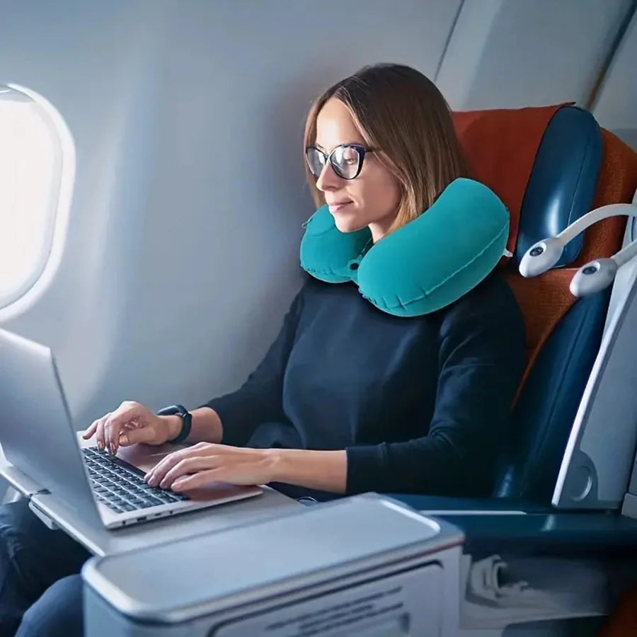 Portable neck pillow UpTrend Deals inflatable flocking travel pillow teal on airplane on Tampa Home & Garden Store