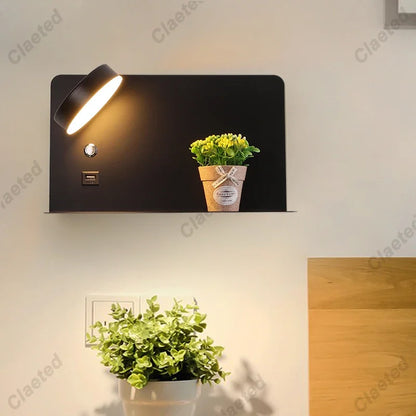 LED wall light by Perfecsy, with switch and USB, black panel, angled lamp over two plants on Tampa Home & Garden Store