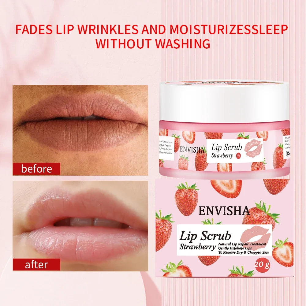 ENVISHA Strawberry Lip Scrub pink packaging; before-after lips on Tampa Home & Garden Store