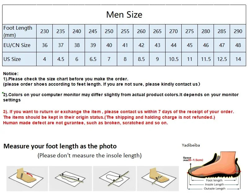 Men's Winter Waterproof Snow Boots size chart with foot-length guide by UpTrend Deals on Tampa Home & Garden Store