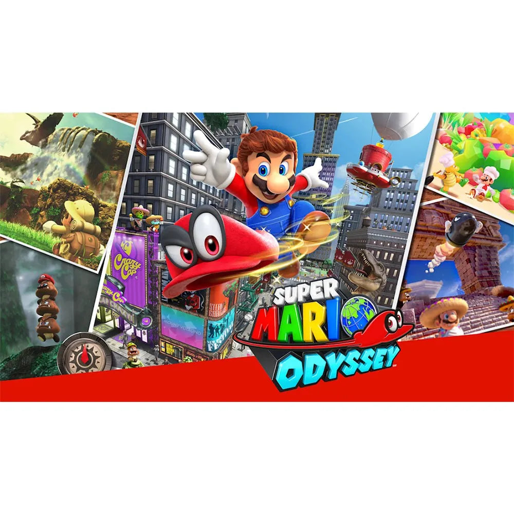 Super Mario Odyssey Nintendo Switch game cover art; colorful collage with Mario and cityscape on Tampa Home & Garden Store