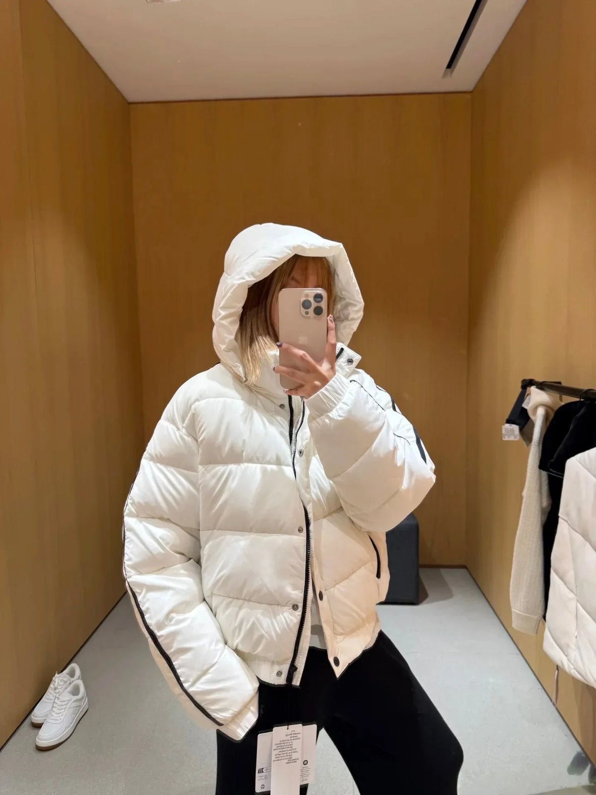 White hooded women's puffer jacket, thick padded UpTrend Deals, front zipper on Tampa Home & Garden Store