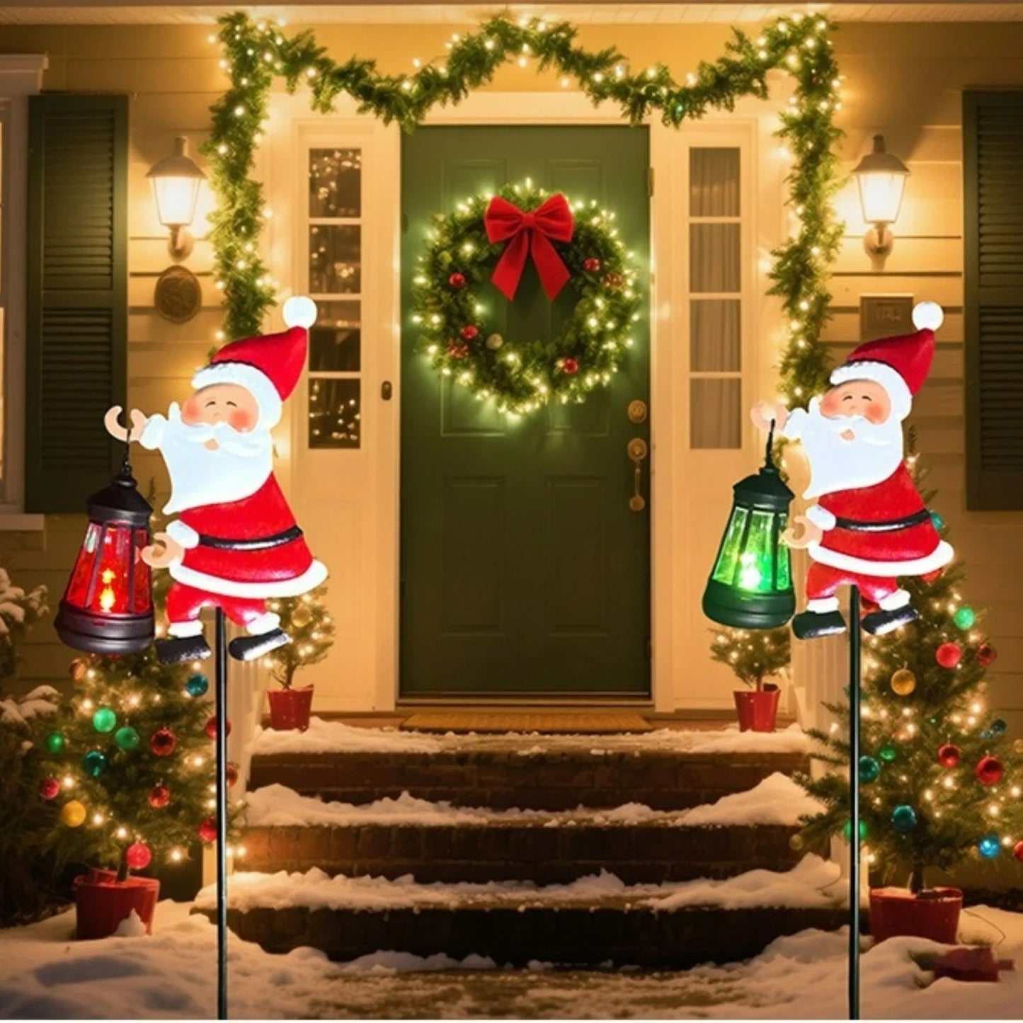 Perfecsy Santa lawn decor with two lantern Santas flanking a wreath on a lit porch on Tampa Home & Garden Store