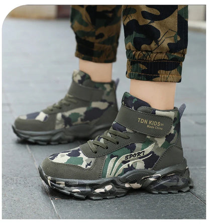 Kids Winter Snow Boots pair in plush camouflage, UpTrend Deals, warm anti-slip sole on Tampa Home & Garden Store